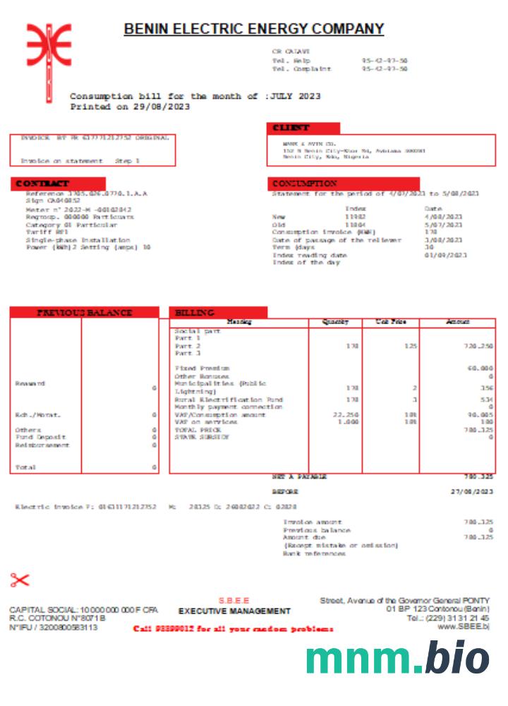 Benin Electricity Distribution Company Plc. rachunek za usługi komunalne